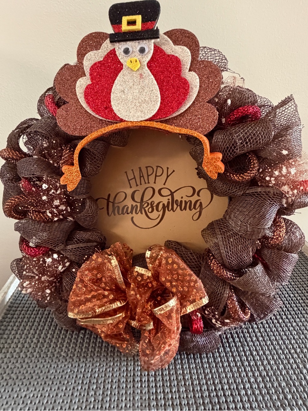 Happy Thanksgiving Turkey Wreath - Brown & Red Holiday Door Decor